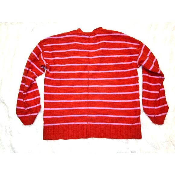 Loft Marled Texture, Coral & Pink Striped, Women's Medium V-Neck Sweater - Picture 2 of 5